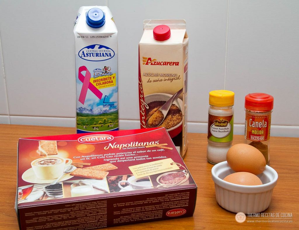 Natillas de napolitana | 3 | Recetas de cocina para Thermomix ingredientes para las natillas de napolitana: leche, azúcar moreno, azúcar avainillado, canela molida, huevos y una caja de galletas napolitanas, sobre la encimera
